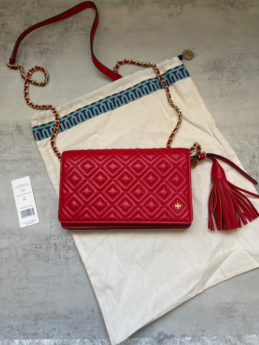 Tory Burch Brilliant Red Fleming Flat Wallet Quilted Crossbody HandBag